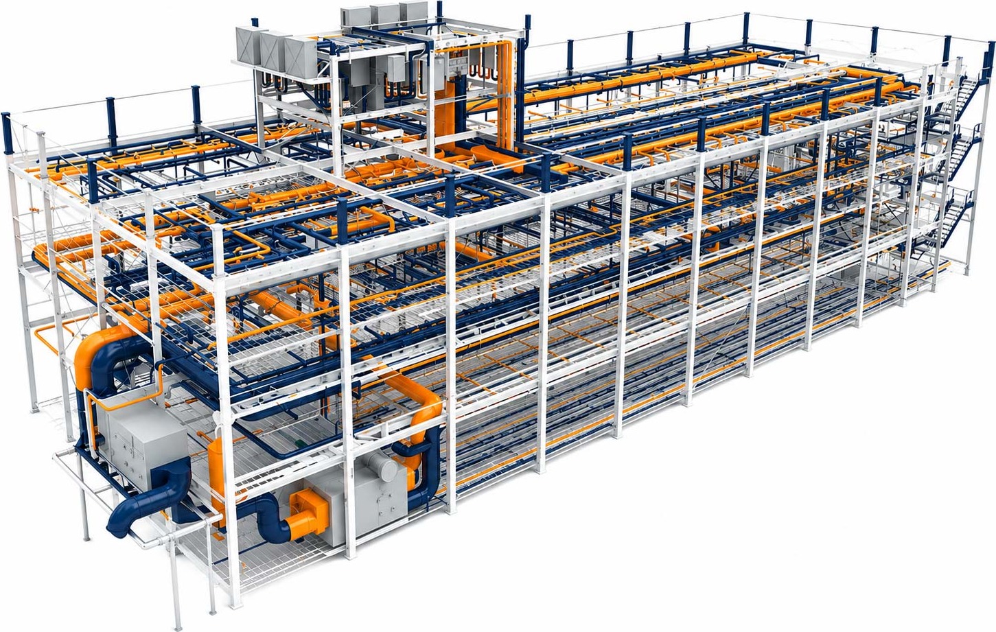 3D-Visualisierung einer TGA-Anlage mit Lüftungskanälen, Rohrleitungen und Stahlbau – erstellt durch Gaan Construction